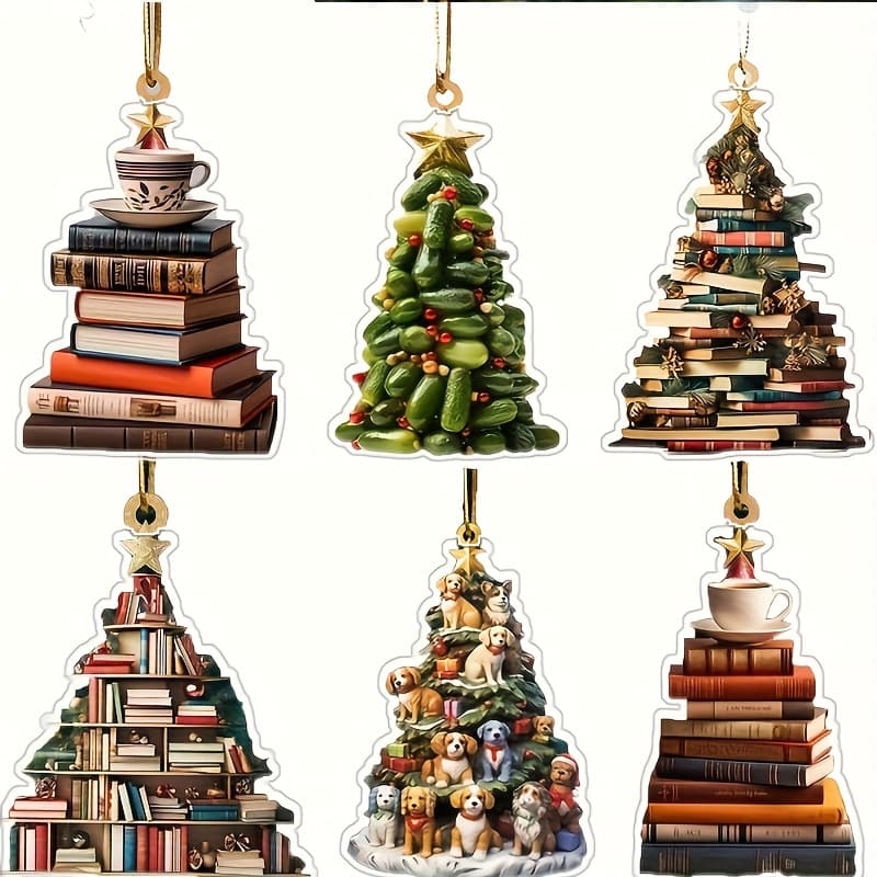 TEMU 2d Flat Acrylic, 6pcs/ Set Christmas Tree Ornaments - Acrylic Christmas Tree Dog Book Coffee Cup Designs, Backpacks & Car Decorations, Ideal Christmas New Year Birthday Holiday Gifts