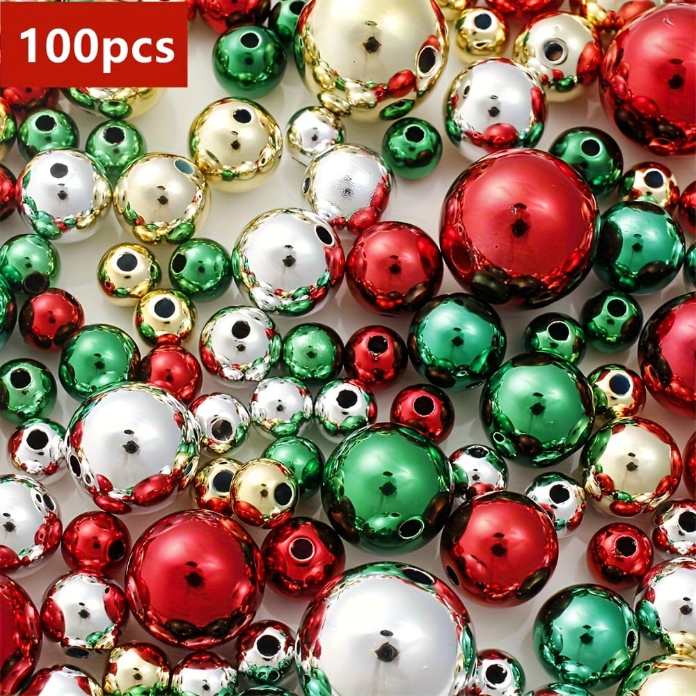 TEMU 100pcs 4-10mm Christmas-colored Round Beads Mixed Style, Suitable For Women's Christmas Gifts, Couple S, Friendship S, For Jewelry Making