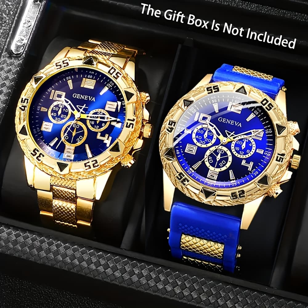 TEMU 2-pack Men's Watch Set, Golden And Blue Alloy Watch Fashionable Wear