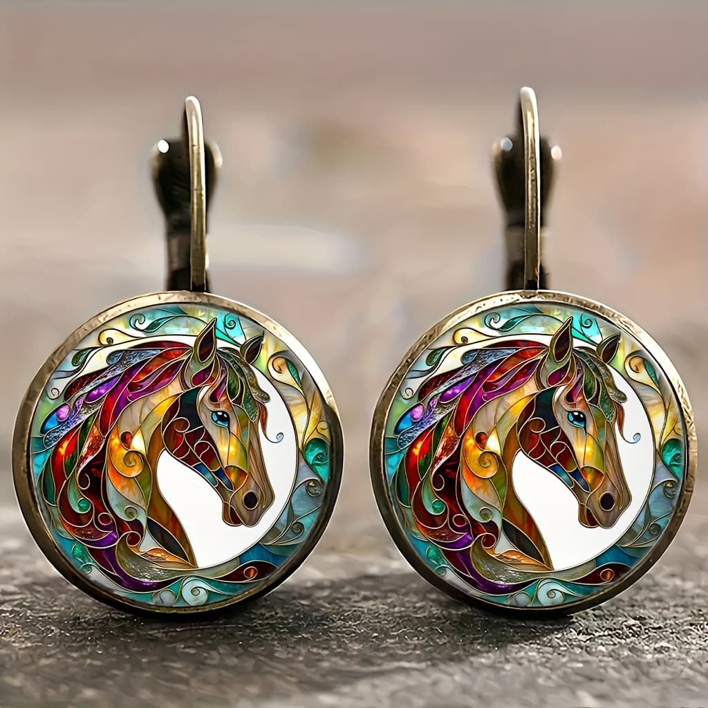 TEMU Alloy Retro Round Earrings, Colored Glass Horse Round Artwork Retro Earrings, Light Additions, Easy And Fashionable Style, Daily Versatile Earrings, Gift , Suitable For Many Occasions