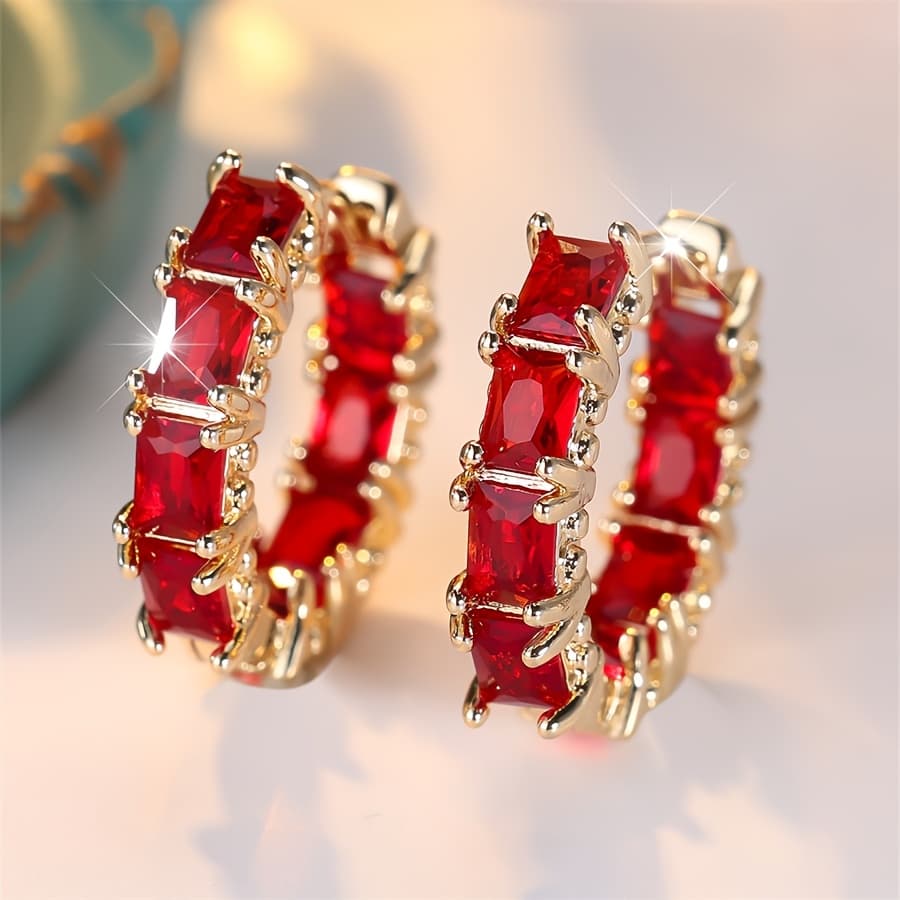 TEMU 1 Pair Luxury Pomegranate Red Synthetic Zirconia Set Women's Earrings Hoop Earrings, Wedding Wedding Party Holiday Daily Wear, Suitable For All