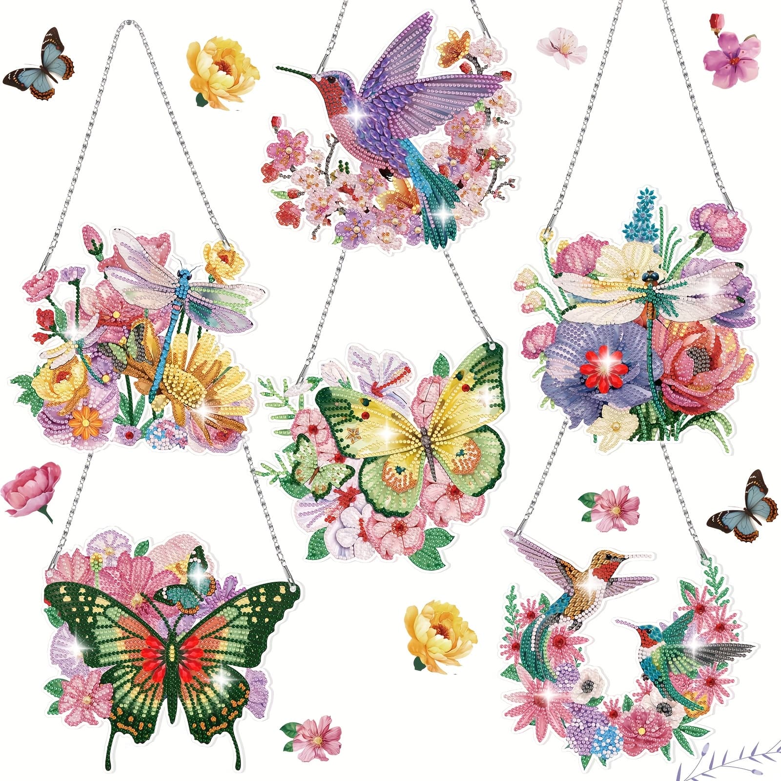 TEMU 6pcs Butterflies Hummingbirds Dragonfly Diamond Painting Hanging Signs Kits Summer Wreath 5d Diy Art Ornaments For Home Wall Door Window Decor
