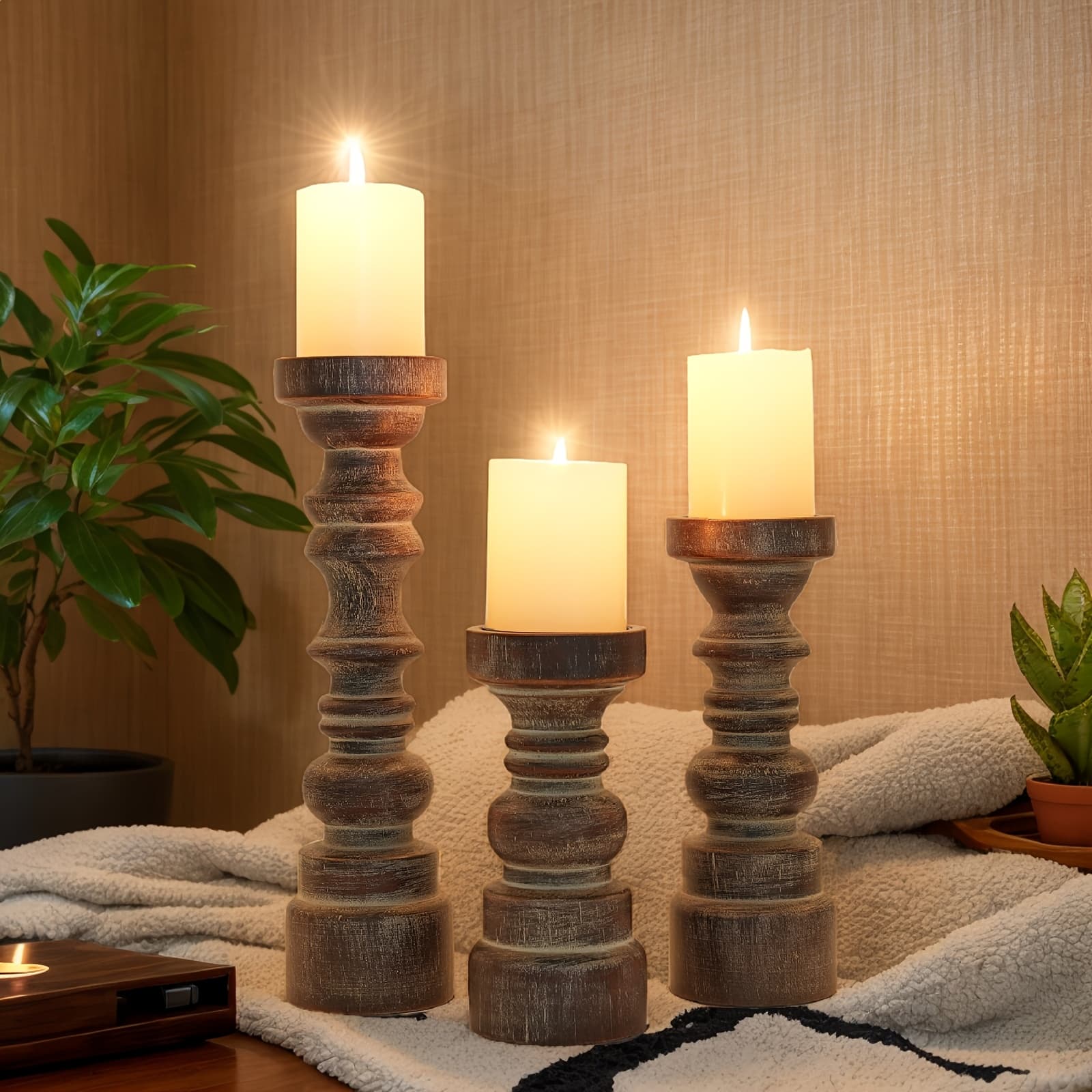 TEMU Set Of 3 Wooden Candle Holders For Pillar Candles, Featuring A Rustic Farmhouse Design, Perfect As Decorative Pieces For Your Living Room Or As A Centerpiece (brown)