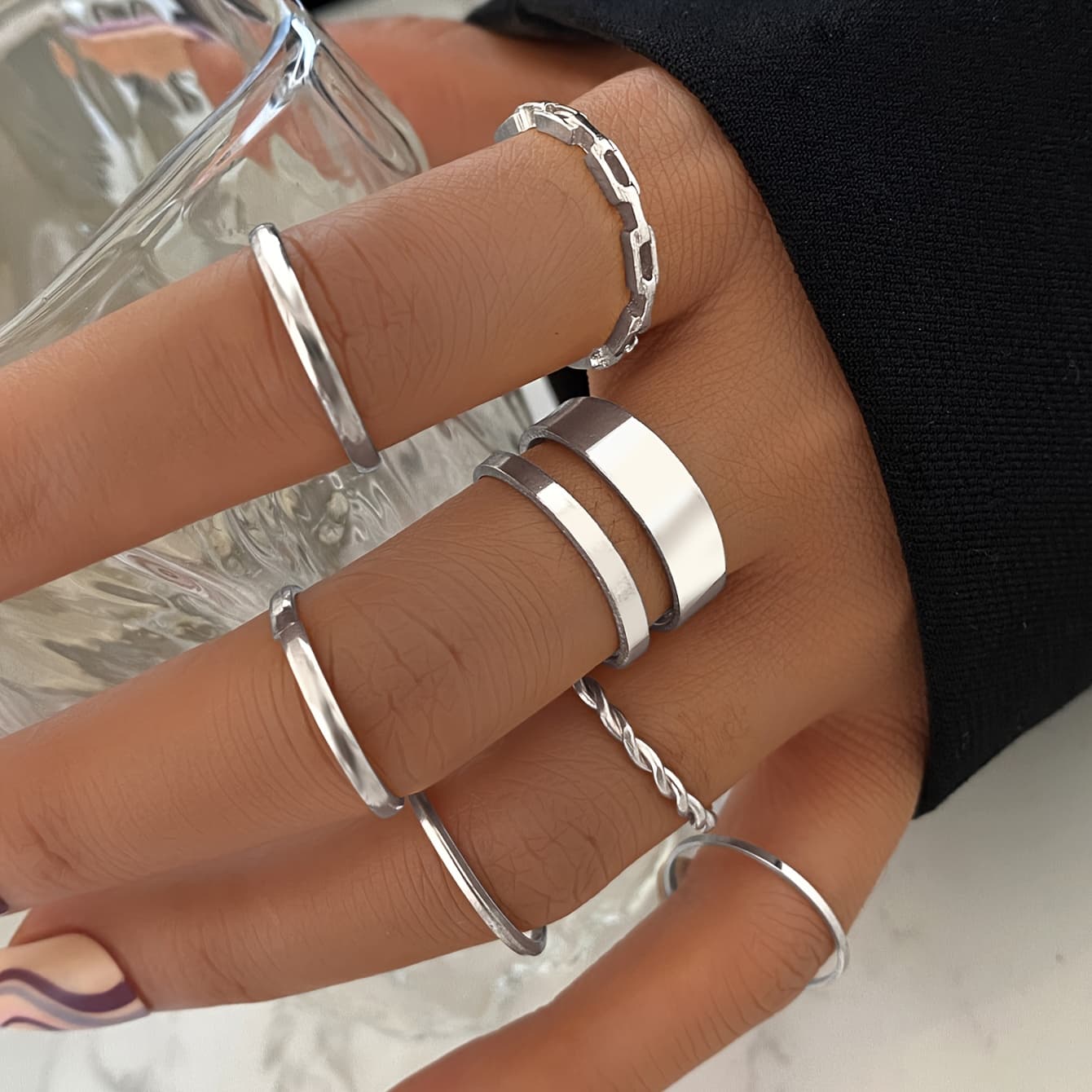 TEMU 7pcs Set Elegant Easy Double Layer Twisted Wide Band Ladies Fashion Ring Set For Vacation Party Date Daily Wear, Elegant And Minimalist Style