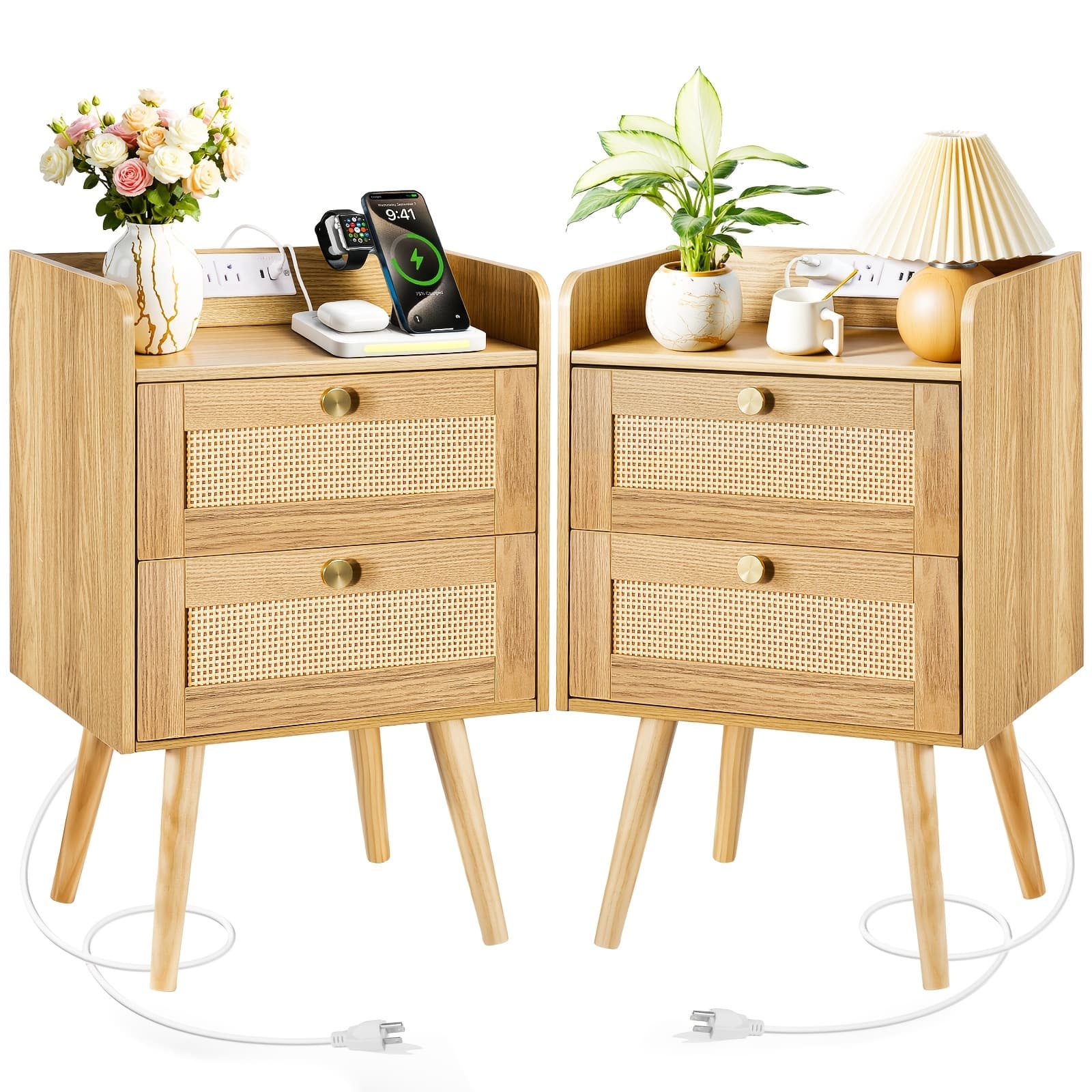 TEMU Nightstands Set Of 2 With Charging Station, Modern Boho Rattan Bedside Tables With 2 Drawers, Solid Wood Legs, Open Storage End Tables For Bedroom Living Room Dorm, Natural