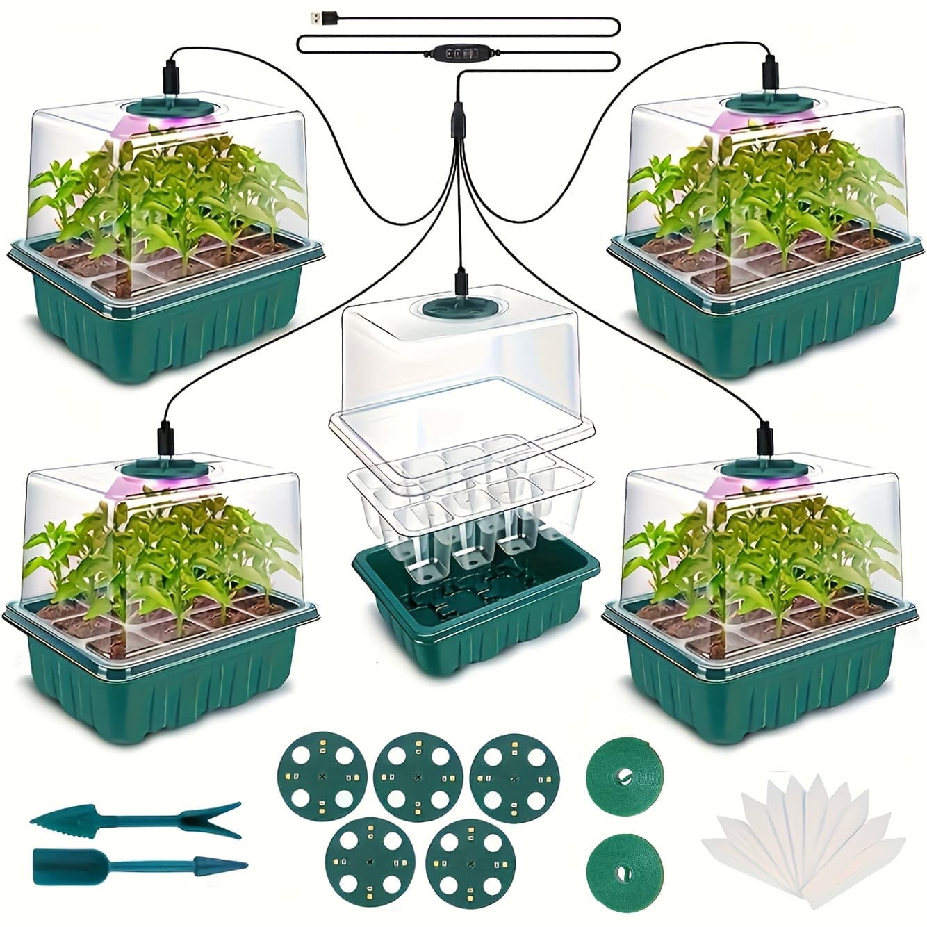 TEMU Seed Germination Kit Featuring A 5-pack Seedling Tray With A Digital Timer, A Humidity Dome, An Adjustable Led Grow Light, And A Safe Indoor Greenhouse System For Seedlings