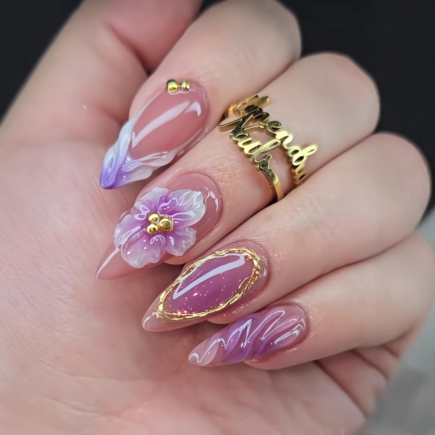 TEMU Style, 24pcs Chinese Almond-shaped Fake Nails, French Embossed Three-dimensional Wear Glue 3d Flower Golden Bead Design, Bright Detachable Fake Nails Jelly Glue