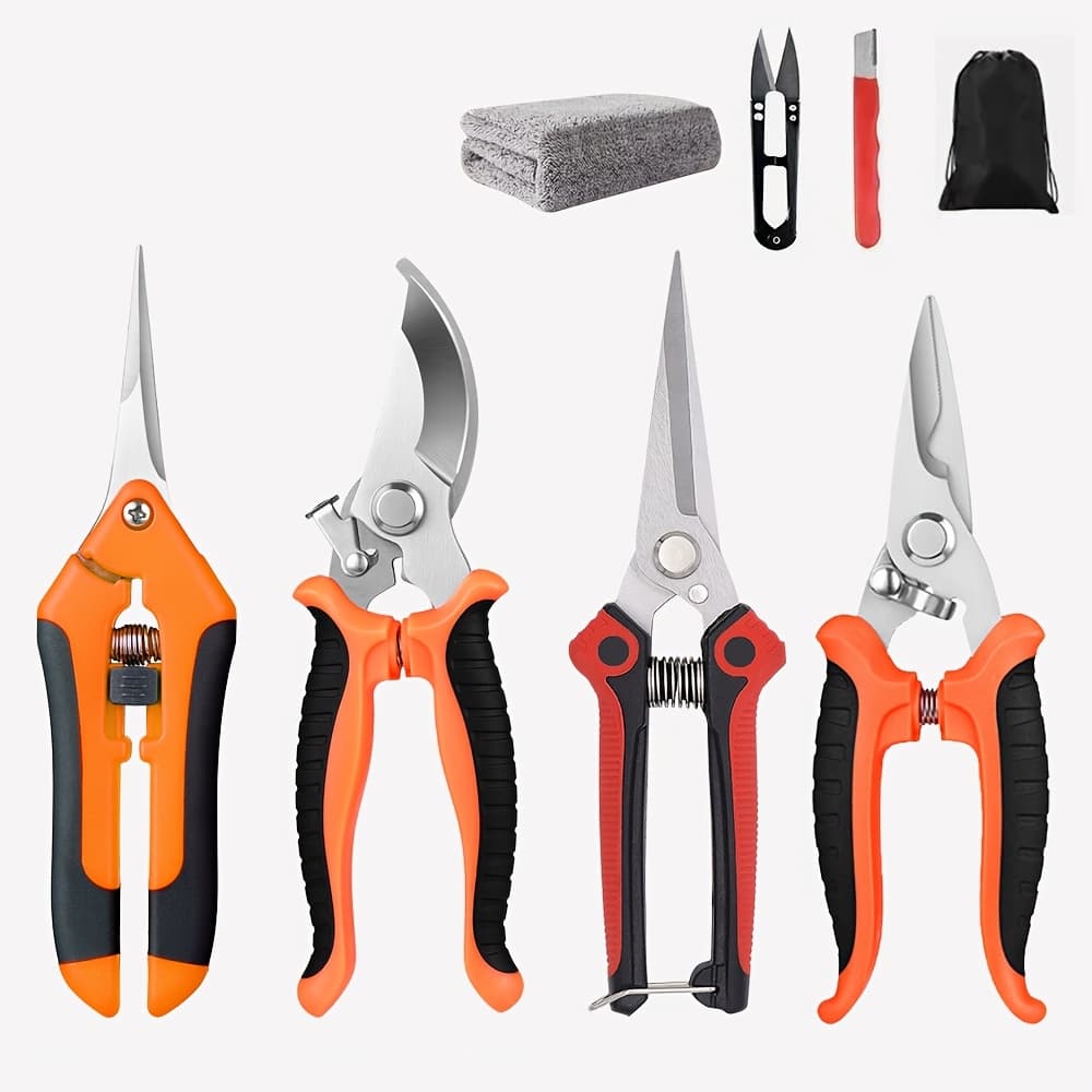 TEMU 8pcs Gardening And Pruning Tool Set, Stainless Steel Blade Scissors/pruning Pliers, 2 Handed Handheld Scissors, Ergonomic Handle (with Wiping Cloth) Suitable For Lawn, Tree, And