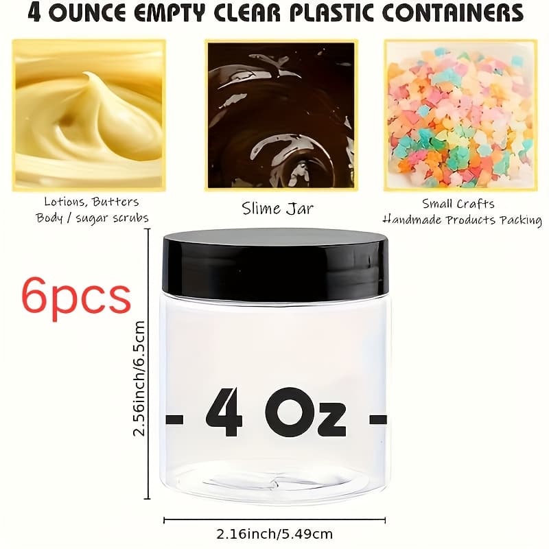 TEMU 6 Pack Plastic Jars With Lids And Labels - Clear Round Cosmetic Containers For Lotion, Cream, Ointment, Makeup, Rhinestones, Samples