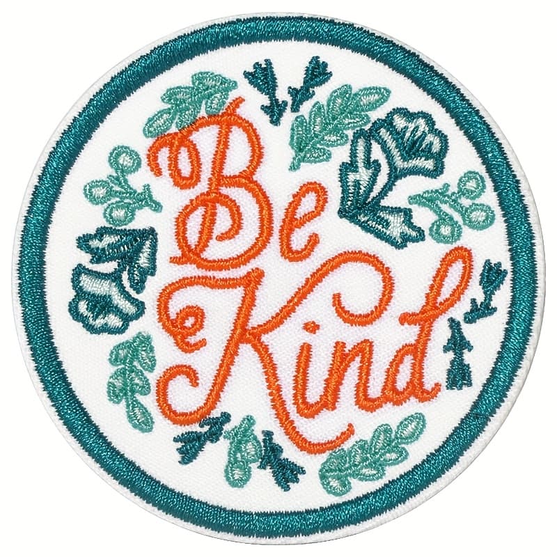 TEMU 1pc Embroidered Letter "be Kind" And Plant Floral Hot Melt Glue Patch, Decoration Fabric Patch Accessory