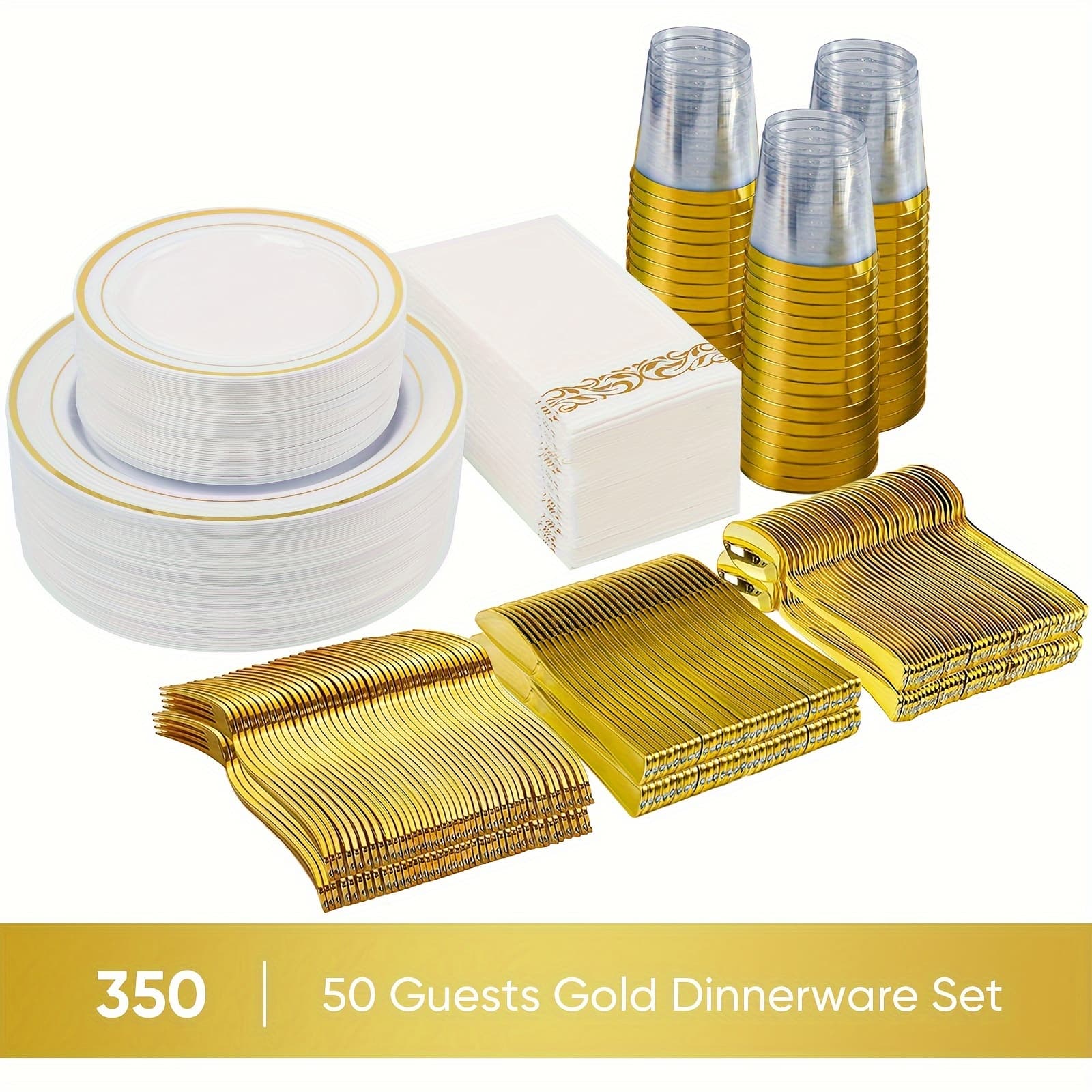 TEMU 350pcs Plastic Dinnerware Set, Disposable Party Plates For 100 Guests, : For 100 Dinner Plates, For 100 Dessert Plates, For 100 Pre Rolled Napkins, For 100 Silverware Set And Cups For Wedding