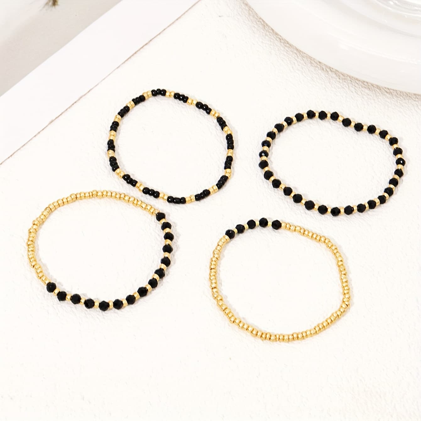 TEMU 4pcs Fashion Bracelet Set, Elegant Women Black Golden Rice Bead Beaded Bracelet Set, Banquet Party Jewelry Additions