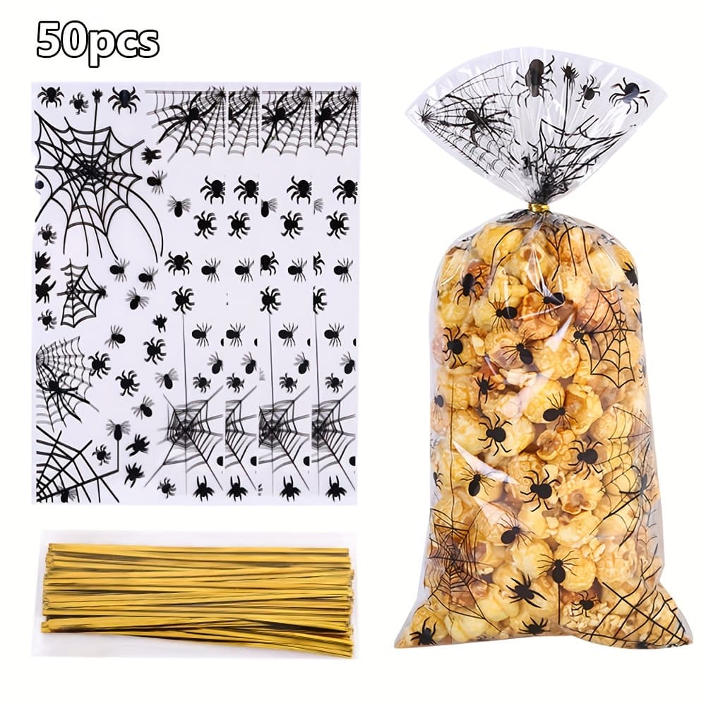 TEMU 50pcs Of Halloween-themed Transparent Glassine Bags With Black Prints For Gift Wrapping, Including Twist Ties