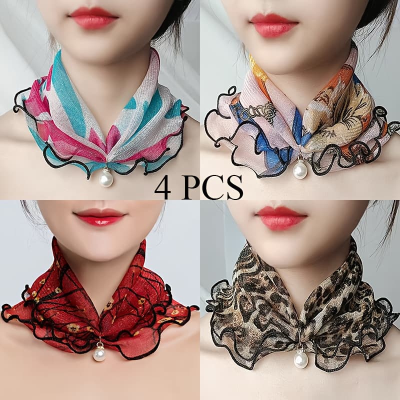 TEMU 4pcs Women's Cute Printed Decorative Scarves, Spring Summer Lace Small Scarves, Thin Pendant Scarves
