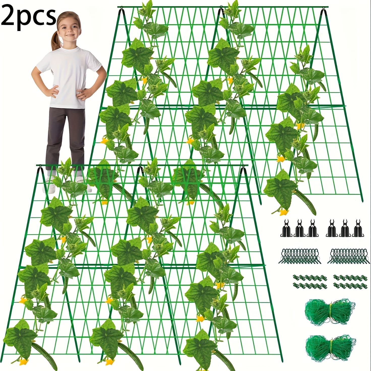TEMU 2 Packs 48" X 48" Foldable Cucumber Trellis For Raised Bed- Garden Trellis For Climbing Plant Outdoor With Climbing Net & Plant Support Clip For Outdoor Plants Zucchini Vegetables Flowers