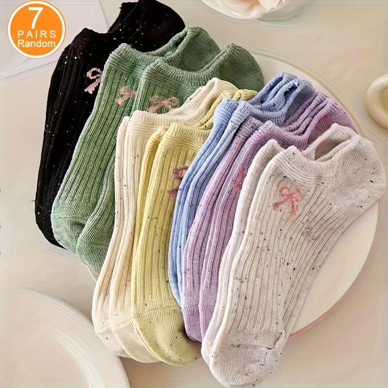 TEMU 7 Pairs Of Random Women's Stylish Casual Breathable Bow Boat Socks