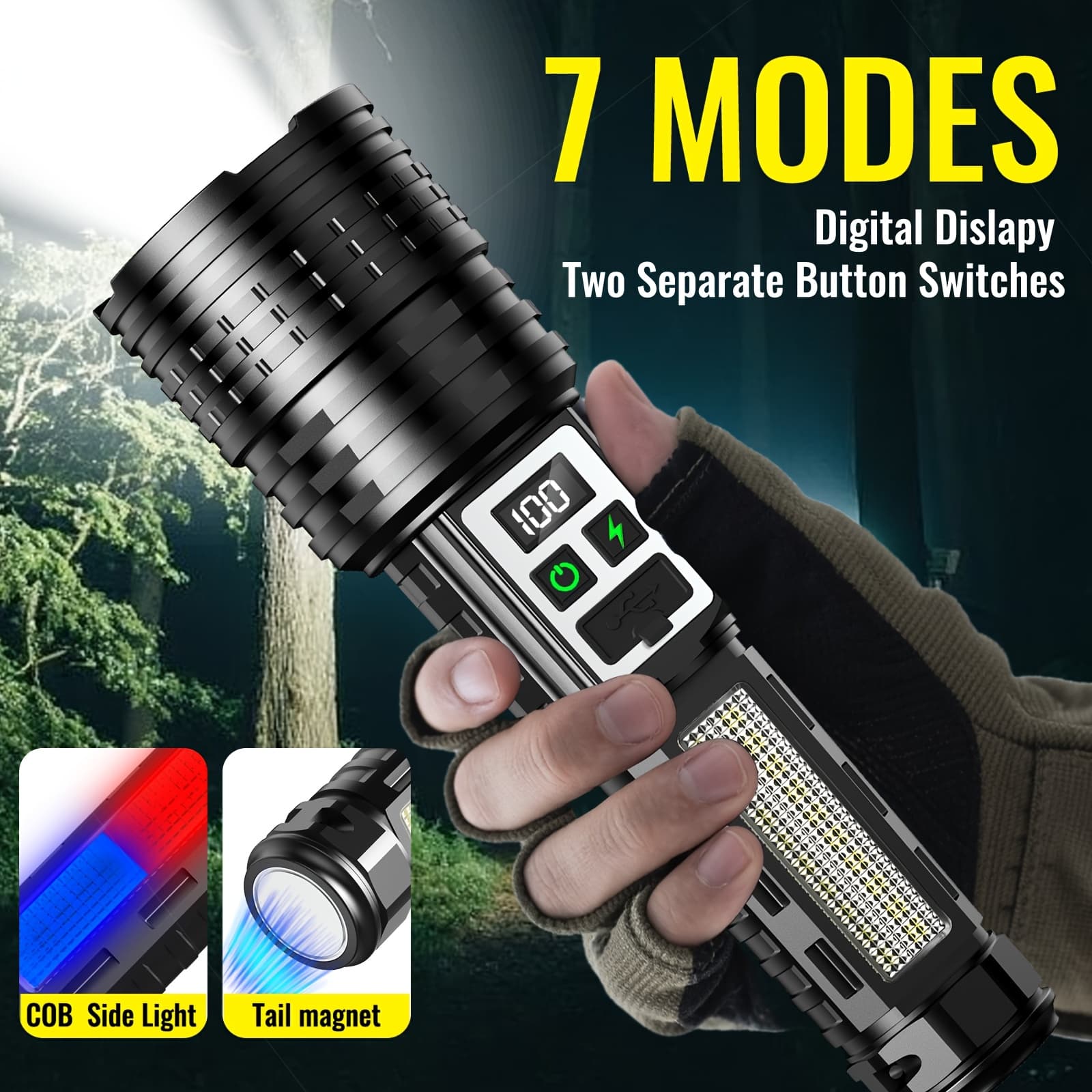 TEMU Flashlight -7 , Tail Magnet, Long Range, Rechargeable Lithium Battery, Portable Outdoor Spotlight With Lcd Display