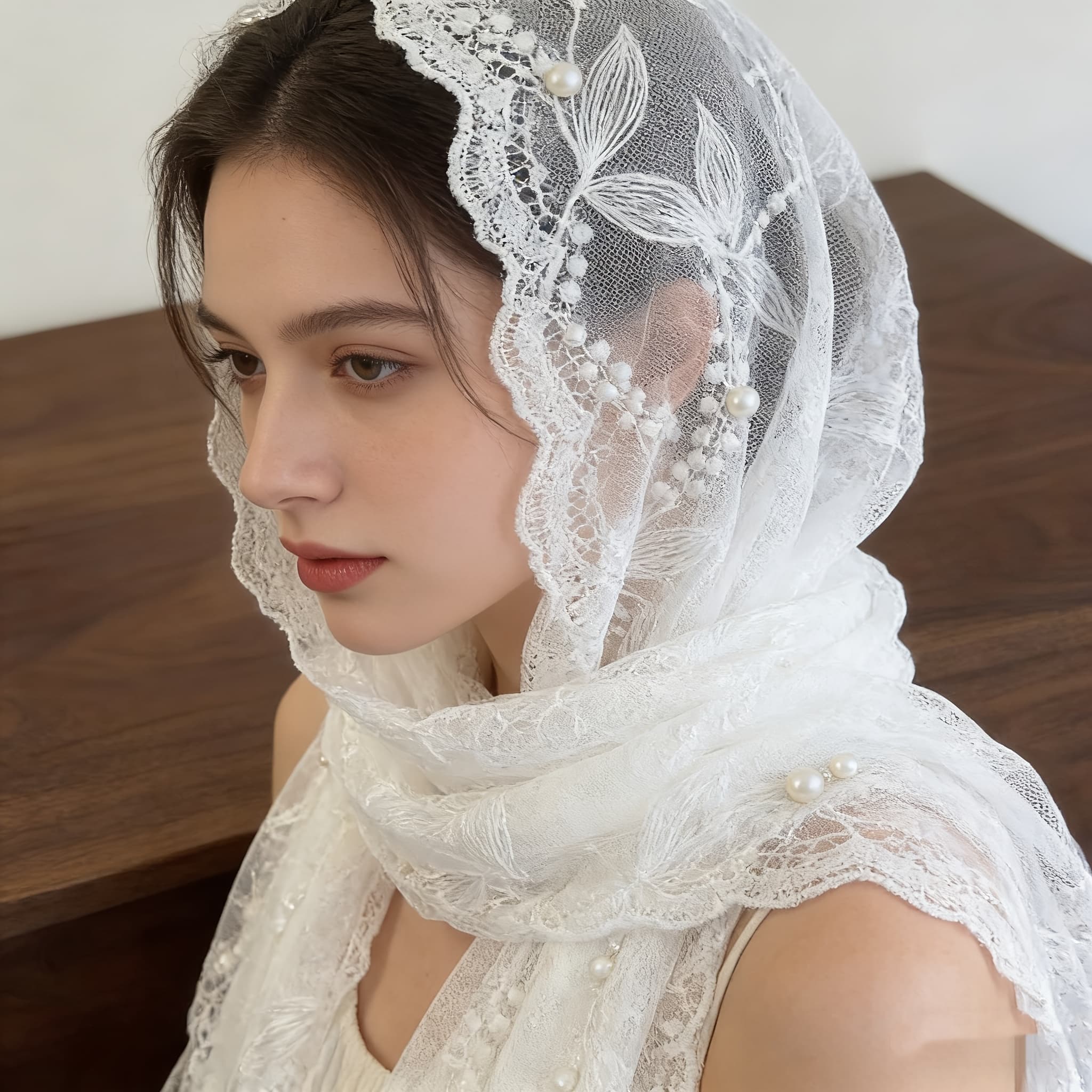 TEMU White Lace Scarf With Pearl Embroidery, A Fairy-like Atmosphere. A Gentle, First- Lace Shawl With Three-dimensional Floral Embroidery, Perfect For Bridal Additions