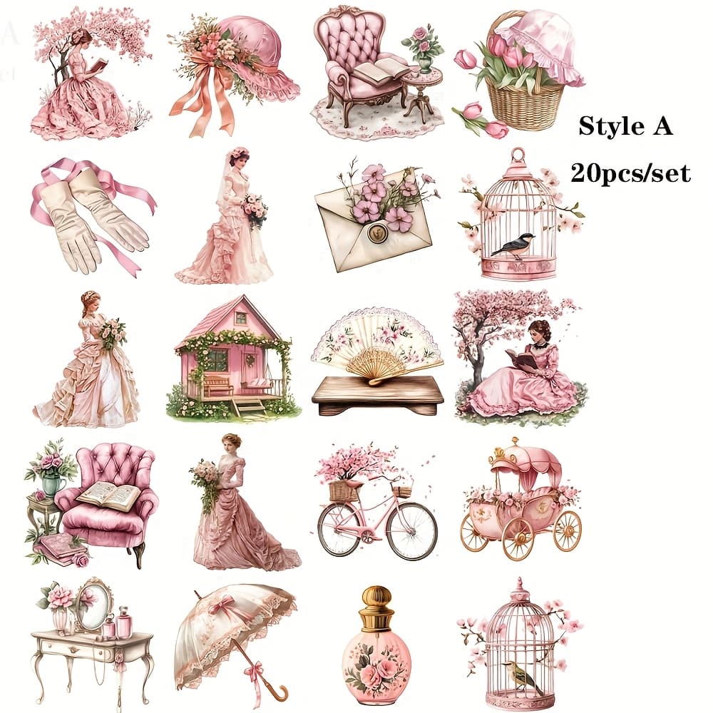 TEMU 20pcs/set Vintage Victorian Garden House Stickers - Retro Pink Dress Lady High Quality Decals For Diy Notebook, Journal & Decoration