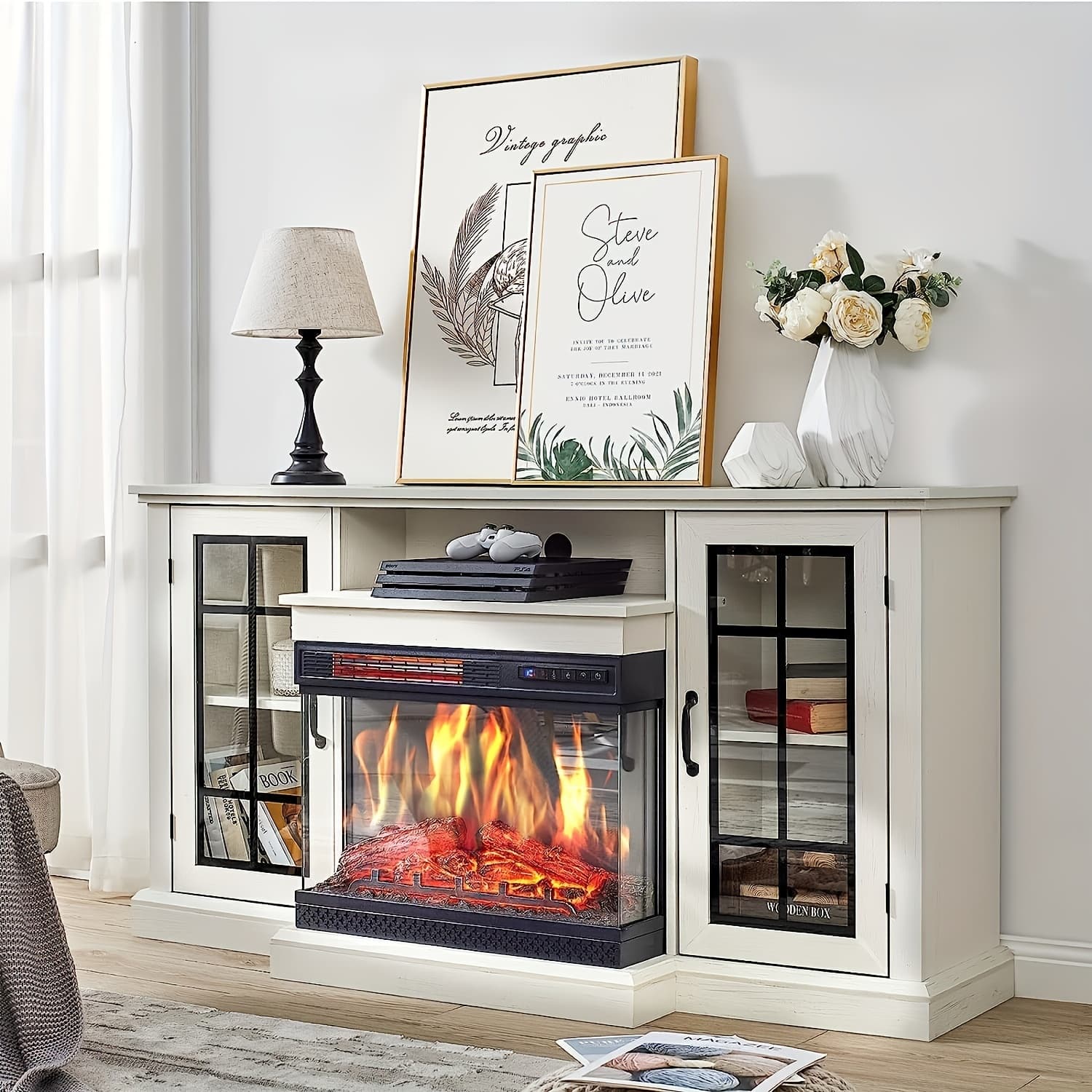 TEMU Distressed White 59-inch Fireplace Tv Stand With 3-sided Glass, 12 Color Options, And Enclosed Storage With Doors, Fits Tvs Up To 65 Inches