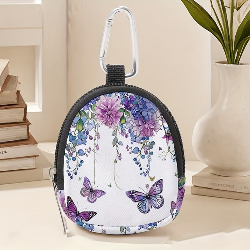 TEMU Mini Wallet With A Purple Flower And Pattern, Lightweight Zippered Coin Purse, Featuring A Hook Clip And A Pouch For Headphones And Keys, Suitable For Men And Women