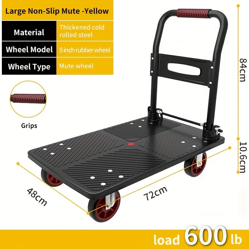 TEMU Heavy Duty Foldable Push Cart Dolly Upgraded Collapsiblehand Truckplatform With Swivel Wheels |flat Bedmovingwagon |space Saving Push Handle (black)