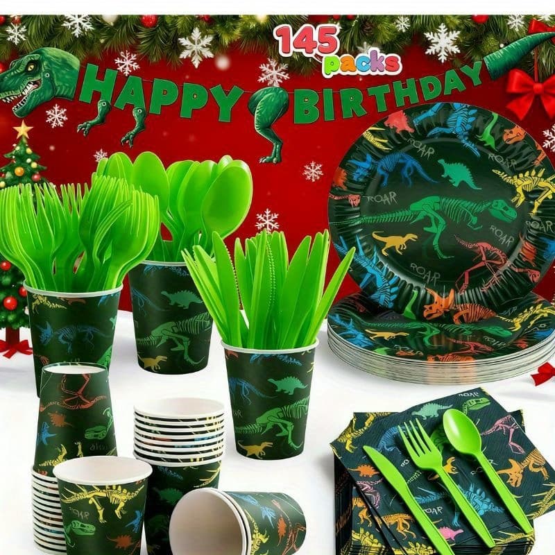 TEMU Syncfun Offers A 145pcs Set Of Dinosaur-themed Birthday Party Supplies, Including A Banner And A Disposable Tableware Set For 24 Guests, Complete With Plates, Cups, Napkins