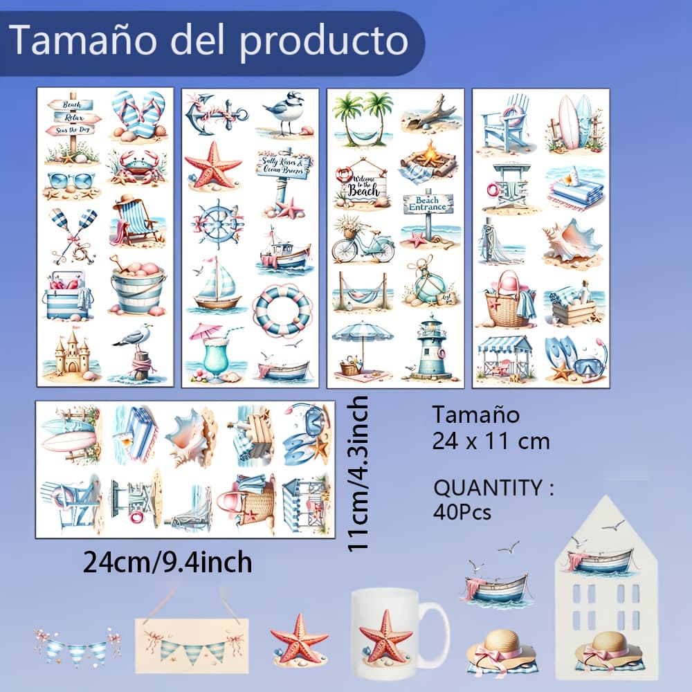 TEMU Set Of 40 Summer-themed Uv Dtf Cup Wrap Transfer Stickers Featuring Beach, Nautical, And Designs, Including And Anchors. Ideal For 16oz Glass Cups, Perfect For Crafts, Birthday And Holiday Gifts