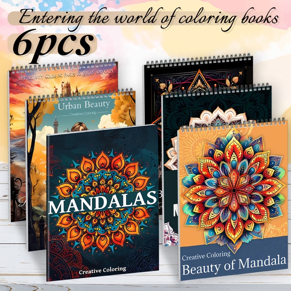 TEMU 6pcs Deluxe Mandala Coloring Book Set, Mandala & Character Series, 11.6×8.27 Large Size, Exquisite Art, Spiral & Stitching, Coloring, Thick , Perfect Valentine's Day, Christmas, Birthday Gift