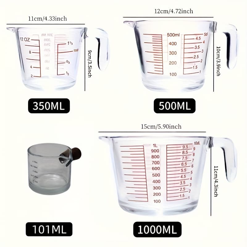 TEMU Four-piece Set Large Capacity Heat-resistant Thickened Glass Measuring Cups With Handles, Microwave Safe Graduated Milk Mugs For Breakfast And Kitchen Baking, 101ml 350ml 500ml 1000ml