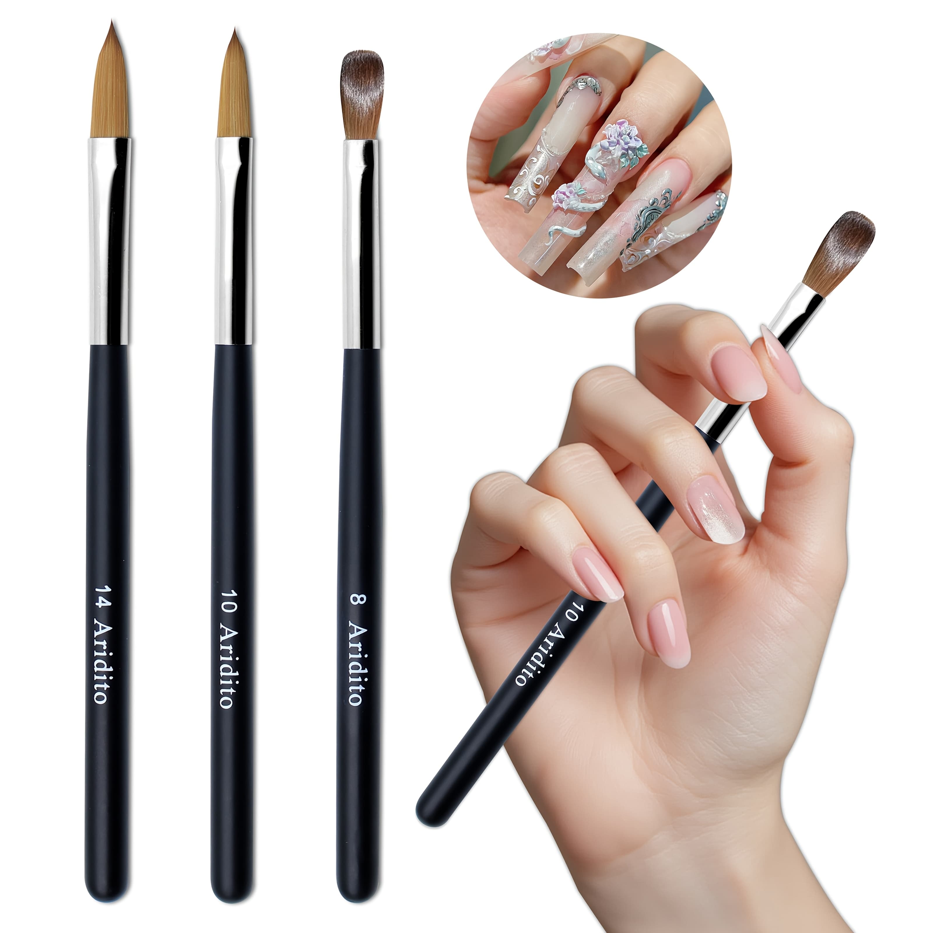 TEMU Aridito 3pcs Acrylic Nail Brush Set | Black Professional-grade Brushes For Powder, Extensions & Nail Art | Salon & Home Use For Beginner And Professional (size 8/10/14)