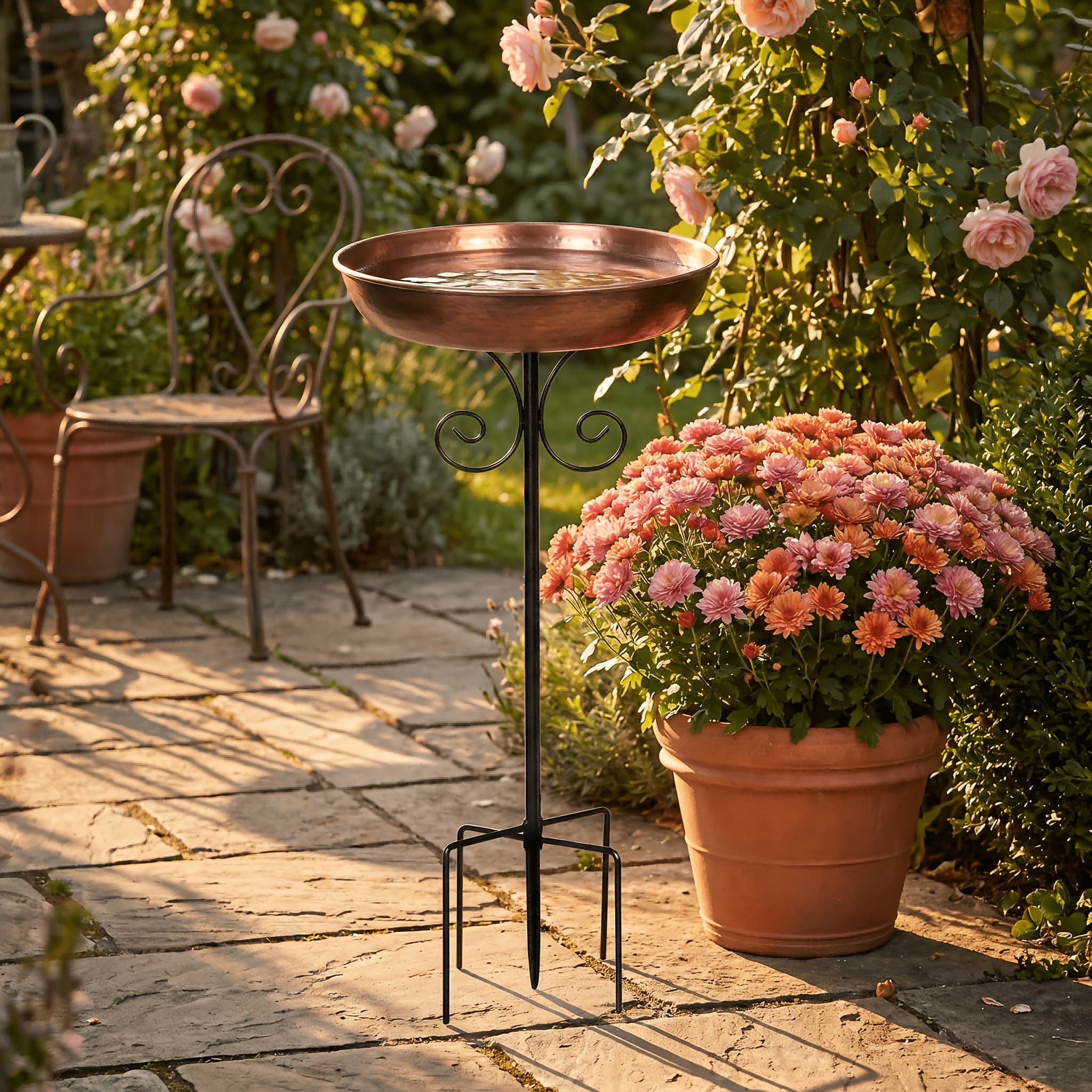 TEMU Vintage Outdoor Decor For Spring And Summer, Featuring A Copper- Bird Bath With An Iron Stand - Perfect For Gardens And , Serving As A Decorative Water Bowl For