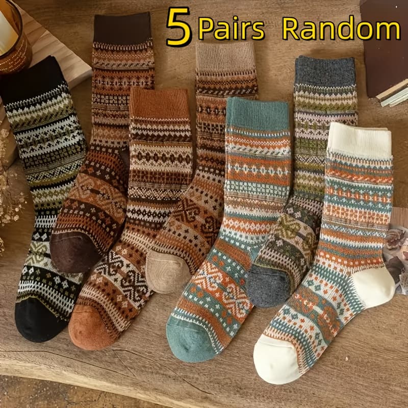 TEMU Random 5 Pairs Of Colors Autumn Winter Women's Warm Comfortable Retro Ethnic Style Color Casual Mid-calf Socks