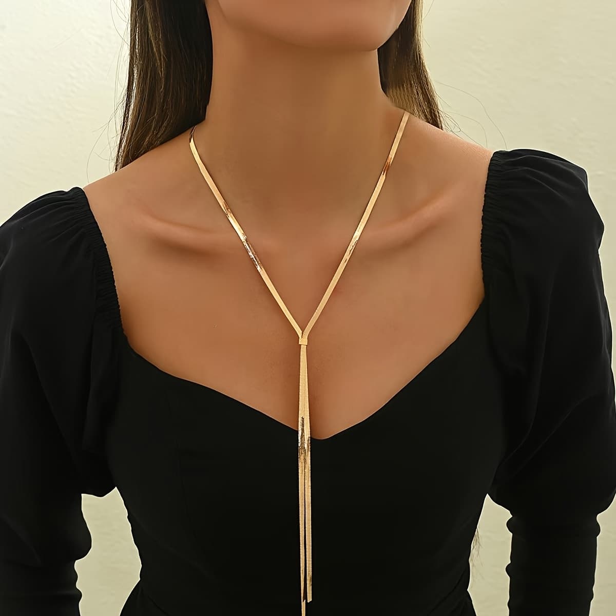 TEMU 1pc Women's Y-shaped Necklace Creative Minimalist Style Metallic Temperament Snake Chain Tassel Long Sweater Chain Daily Classic All-match Jewelry