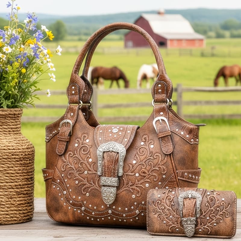 TEMU Western Style Faux Leather Concealed Carry Purse Country Large Handbag Women Shoulder Bag Wallet Set Brown