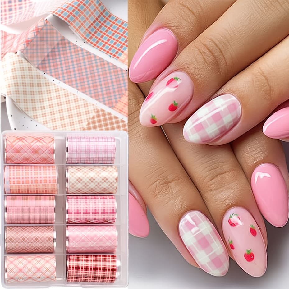 TEMU 10pcs/box Pattern Nail Foils Transfer Stickers Pink Checkered Starry Sky Series Smooth Transfer Paper Nail Stickers Painted Nail Art Decoration Charm Glue Transfer Manicure Accessories