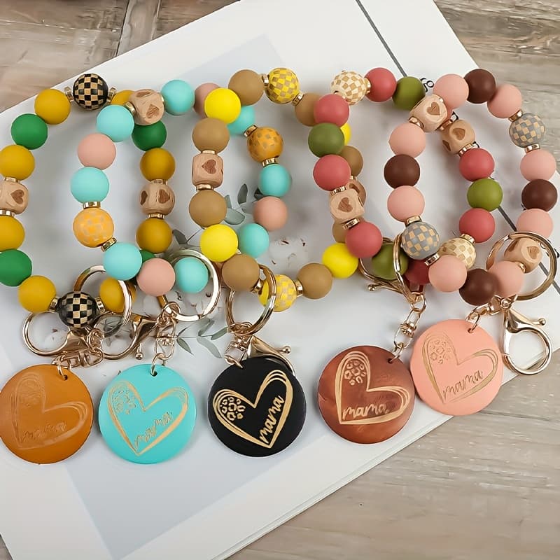 TEMU 5pcs Set Of Checkered Wooden Bead Beads Heart-shaped Mama Wooden Pendant, Keychain, Ladies' Keychain, Holiday Gift, Gift