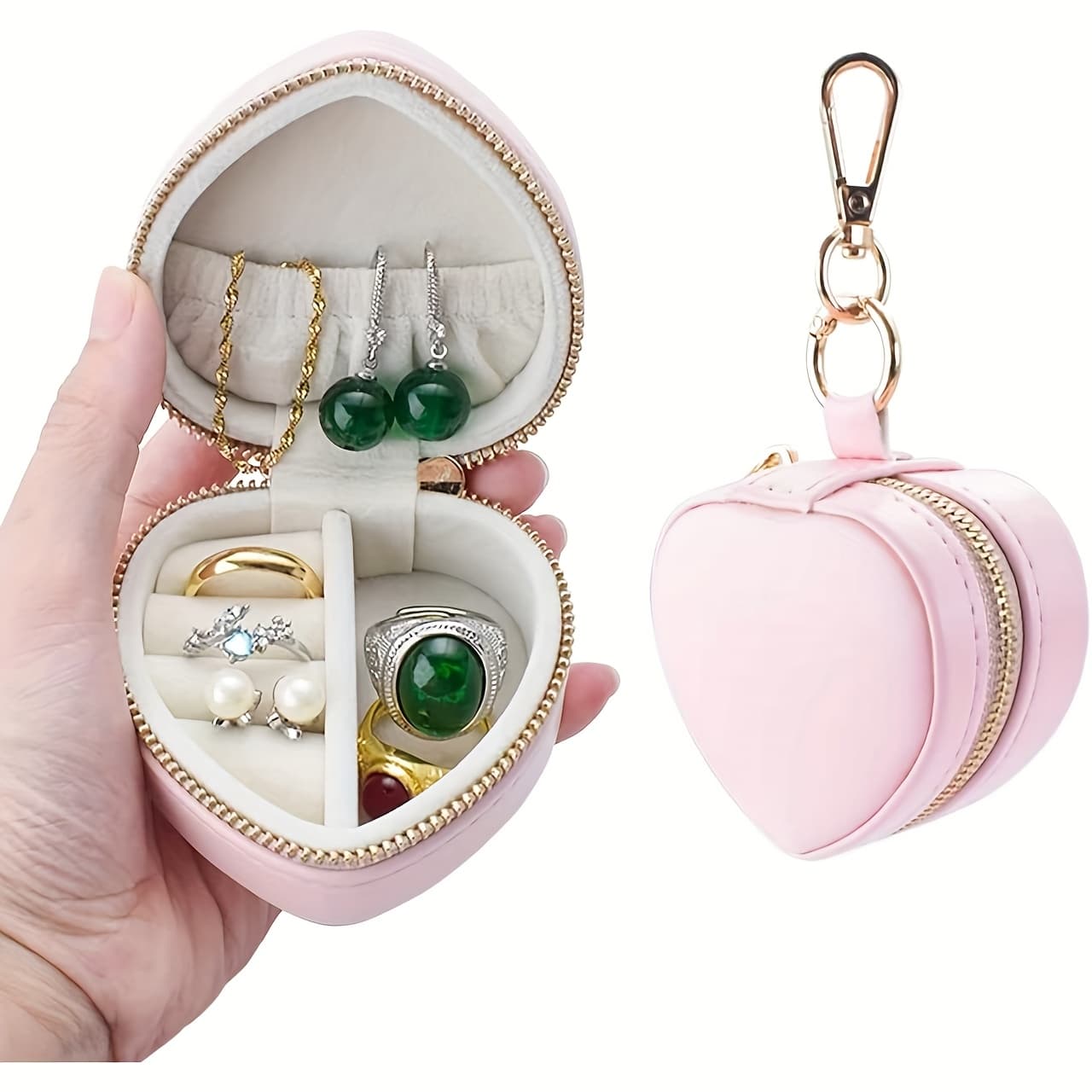 TEMU 1pc Mini Jewelry Box, Heart-shaped Jewelry Organizer With Keychain, Zipper Closure, Portable Jewelry Box, Jewelry Boxes