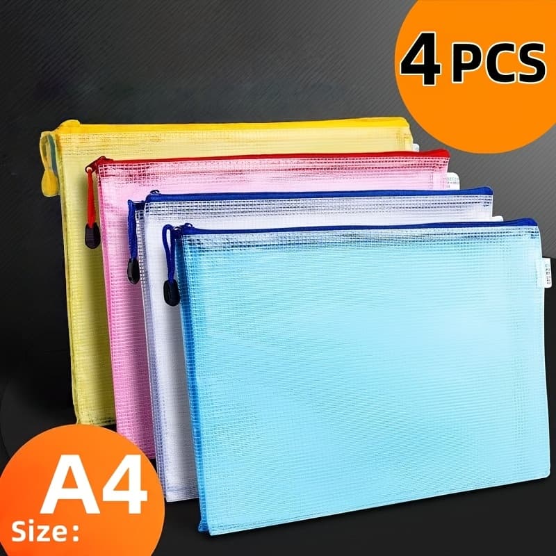 TEMU 4pcs A4 Mesh Document Pouch | Thickened Zipper File Bags, Colorful Document Organizer For Office School Supplies, Contemporary Style, Pvc Material