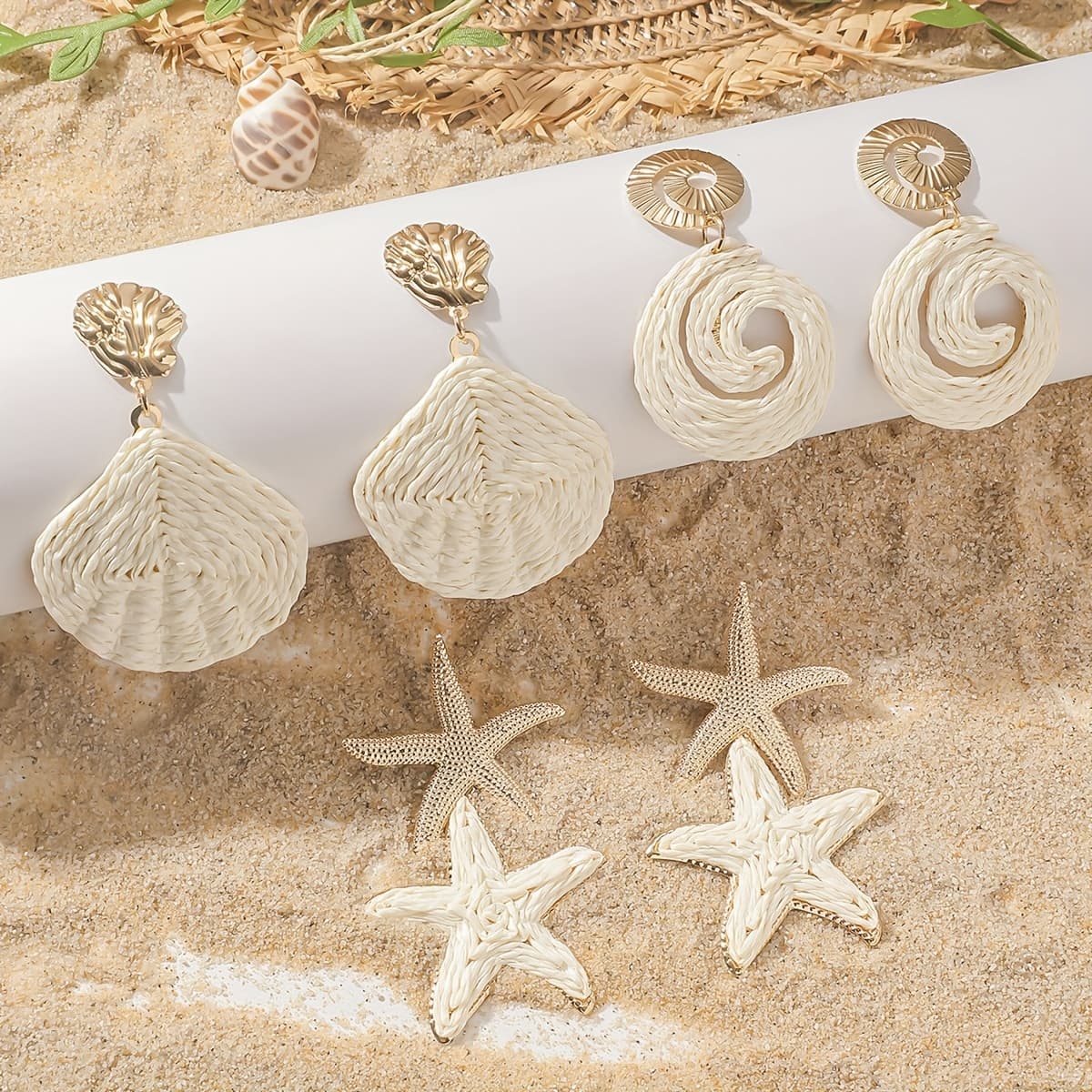 TEMU 1 Set Of 6pcs Bohemian Raffia Starfish Earring Set, Ocean-themed Beach Personality Fashion Shell And Conch Earring Set, Suitable For Women' And Vacation Wear