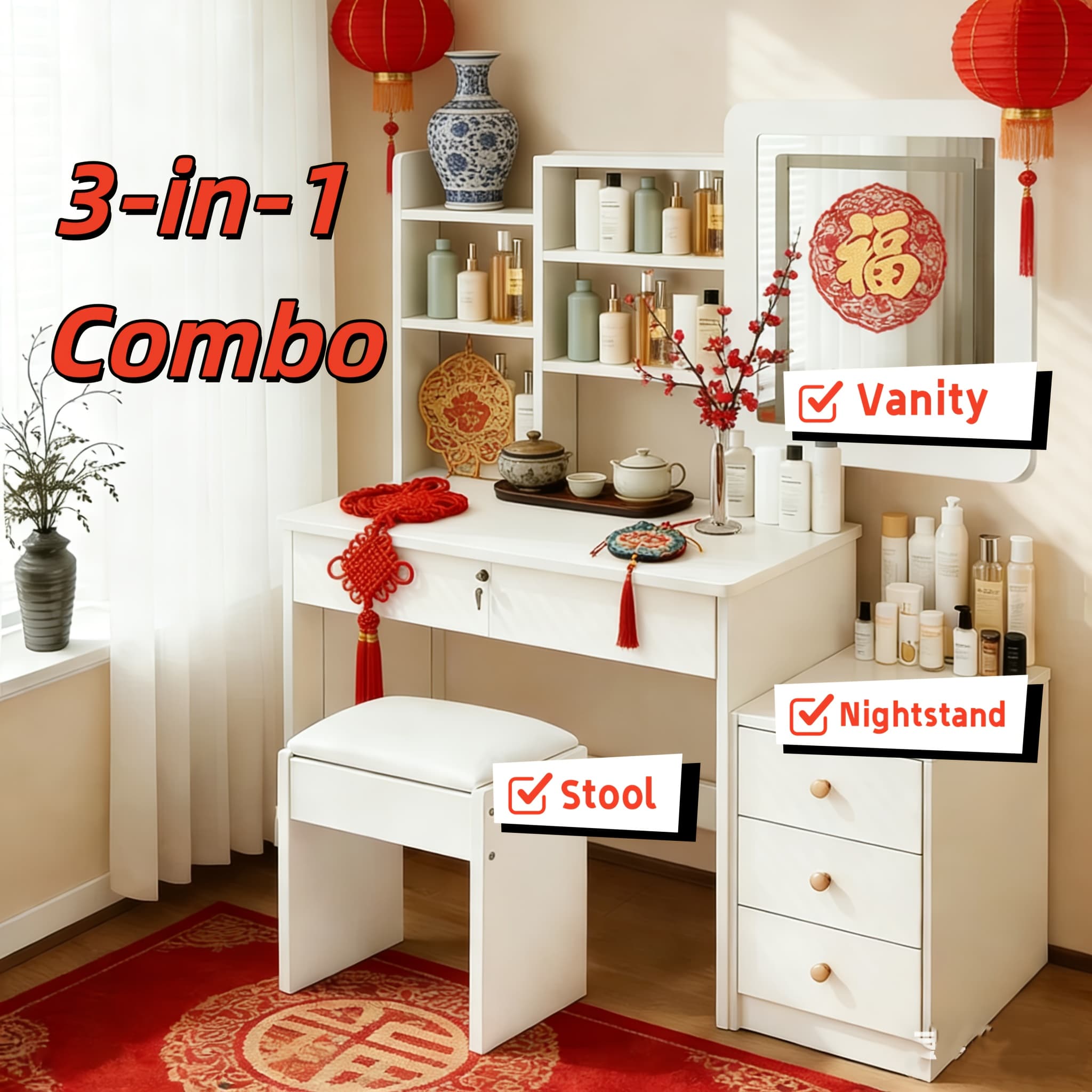 TEMU Square Mirror Dressing Table, Extra-large Storage Space, 3 Brightness Adjustment Options, Movable Cabinet Combination Storage, Perfect For Christmas And Christmas Gifts, Simple .