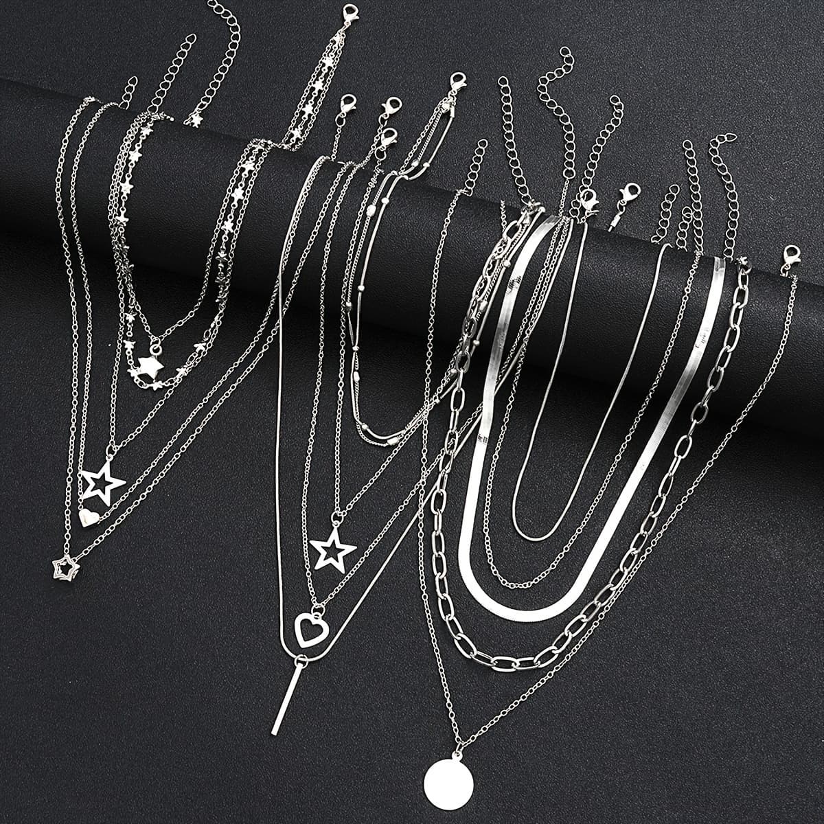 TEMU Set Of 11pcs , Heart, And Round Pendant Vertical Bar Necklace For Ladies, Suitable For Dating, Vacation, And Daily Wear, A Perfect Gift