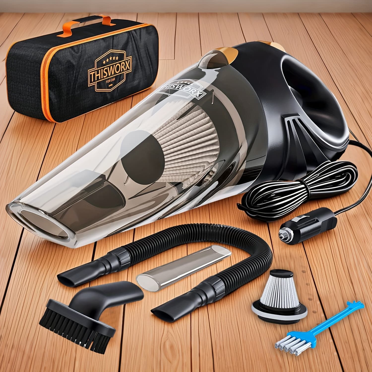 TEMU Portable Car Vacuum Cleaner With Long Power Cord And Attachments - Compact Handheld Cleaner For Vehicle And Travel Use, Without Battery