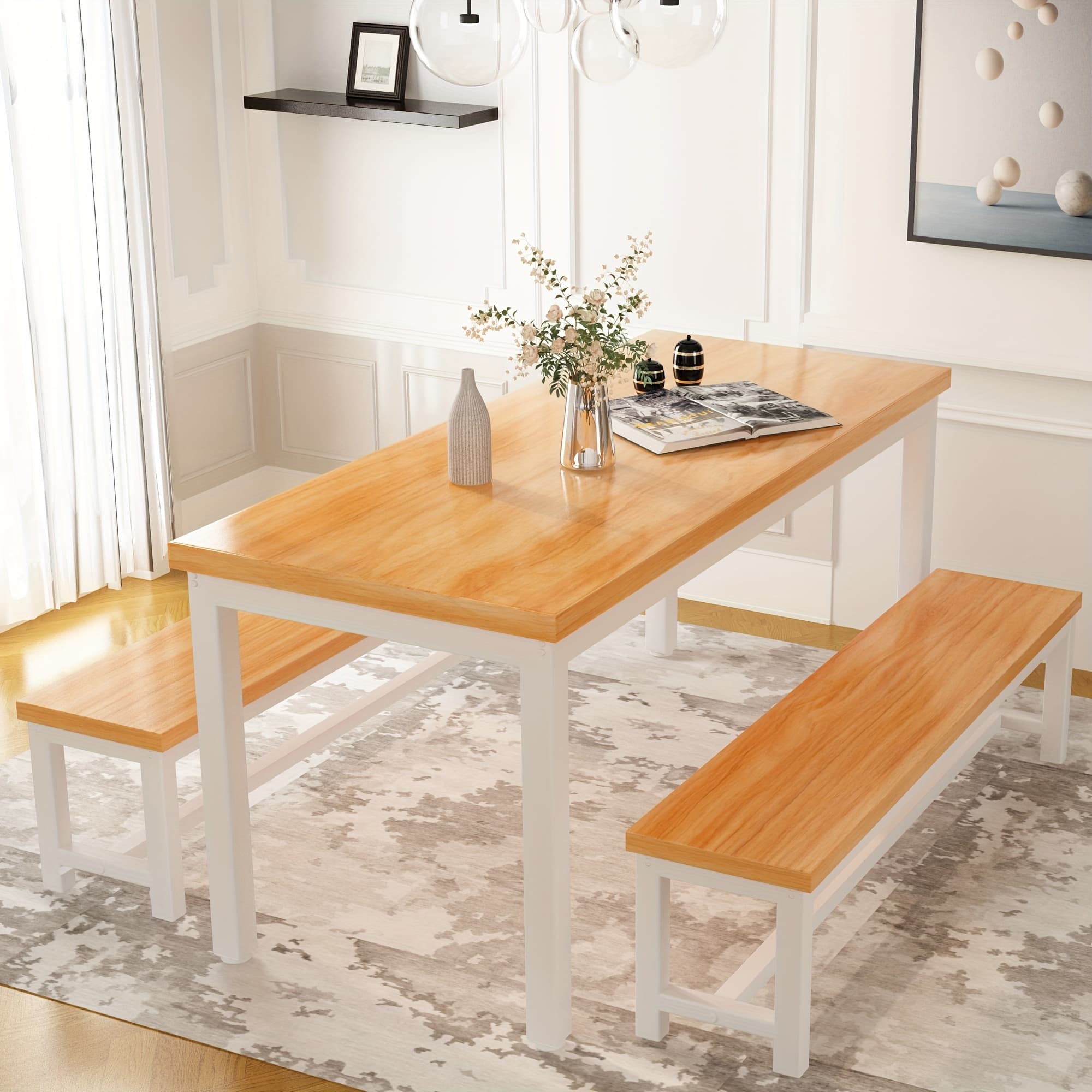 TEMU Dining Table Set For 4, Kitchen Table Set With 2 Dining Bench, Dining Room Table Set With Wood Tabletop And Metal Frame, Breakfast Table Set For Small Space, Apartment, Dining Room, Home Office