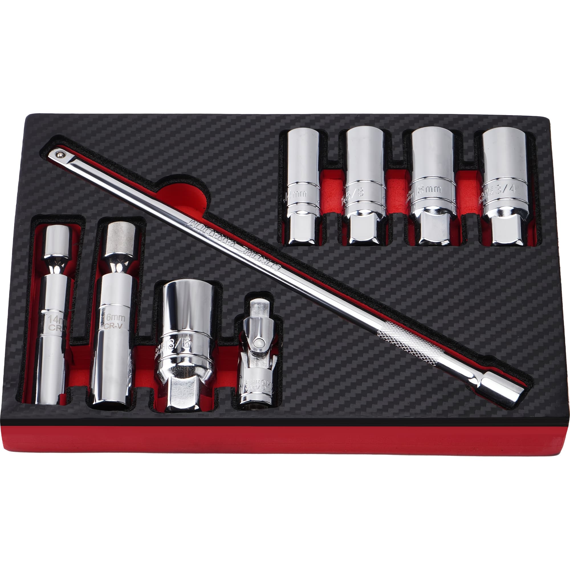 TEMU 9pcs 3/8 Inch Drive Spark Plug Socket Set With 5/8", 3/4", 13/16", 14mm, 18mm Sockets, Magnetic Spark Plug Sockets, Universal Joint, And 10" Extension Bar Cr