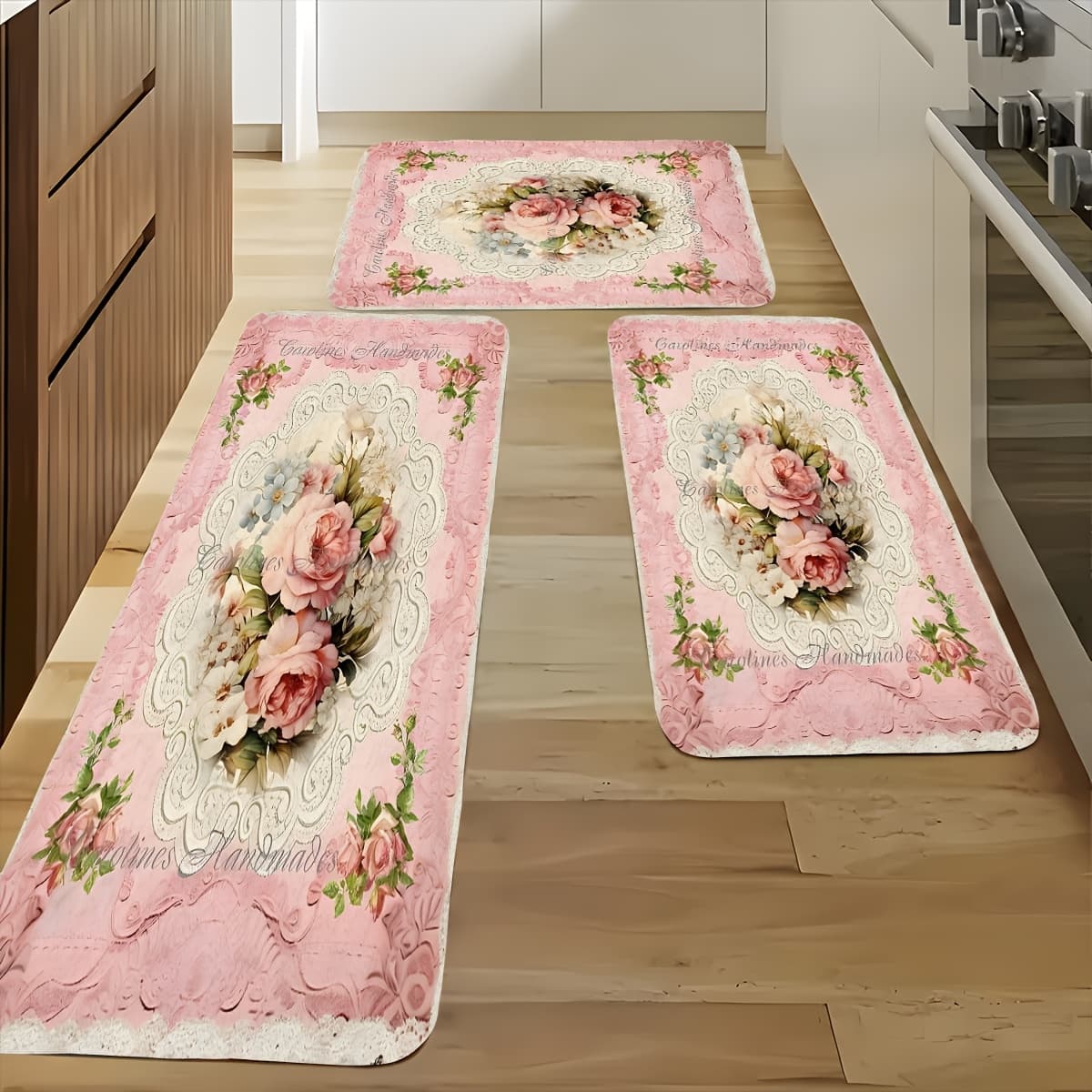 TEMU 2pcs/3pcs, Spring Floral Pattern Light Luxury Kitchen Decor Soft Sponge Absorbent Non-slip Kitchen Mat Set, Machine Washable Bathroom Mat Set, Bedroom Room Bathroom Entrance Door Mat