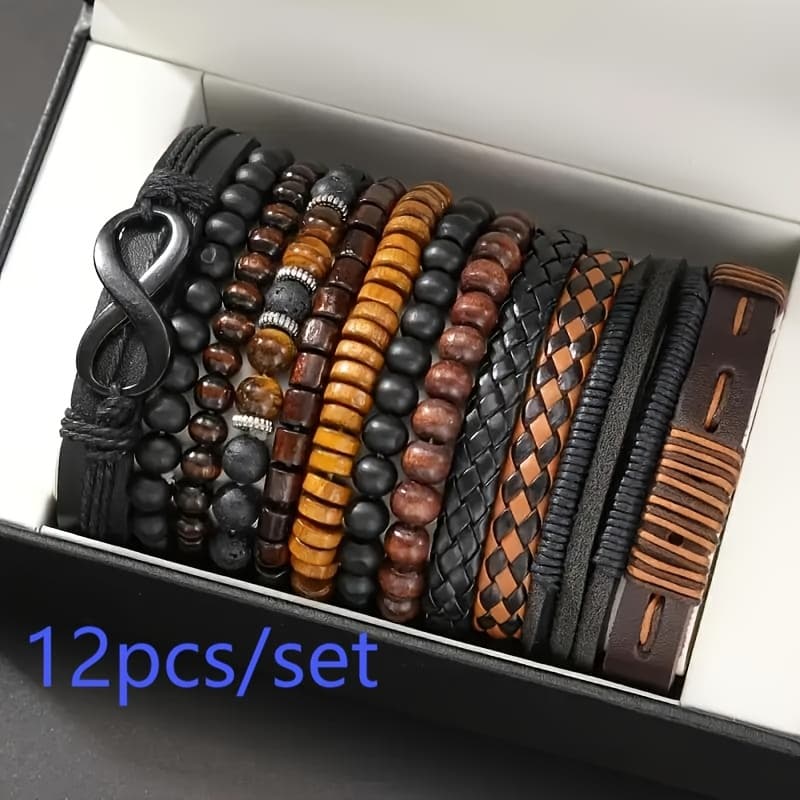TEMU 12pcs Vintage Woven Faux Leather Bangle Bangle Bracelet Set With Eye And Beads, Fashion Accessories For Daily And Party Wear, Box Not Included