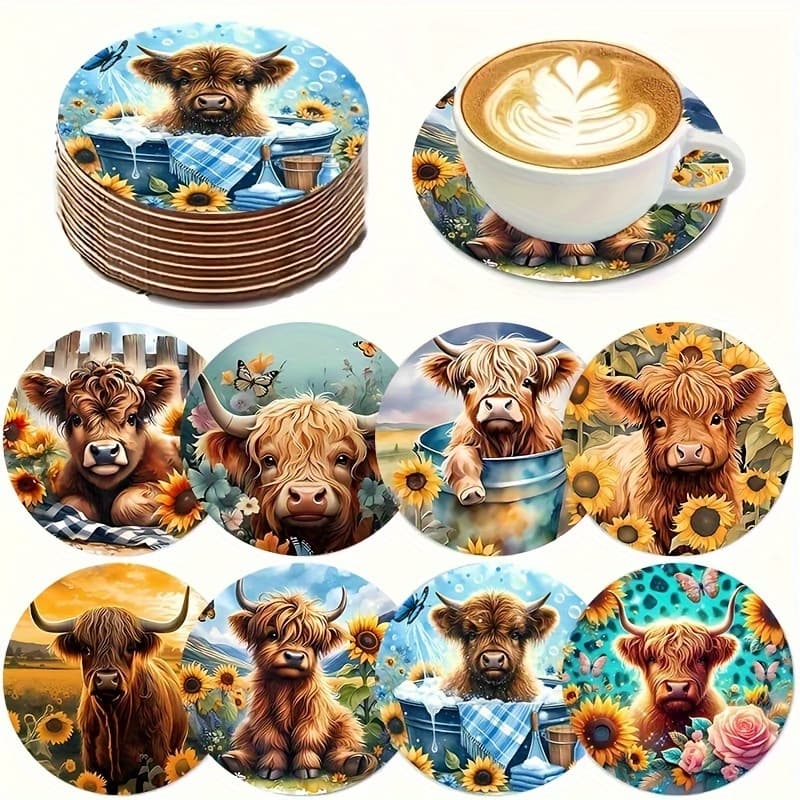 TEMU 8 Highland Cow Wooden Coasters - Rustic, Durable, Heat-resistant Wooden Drink Pads, Easy To Clean, Non-slip Kitchen Table Decor Coasters