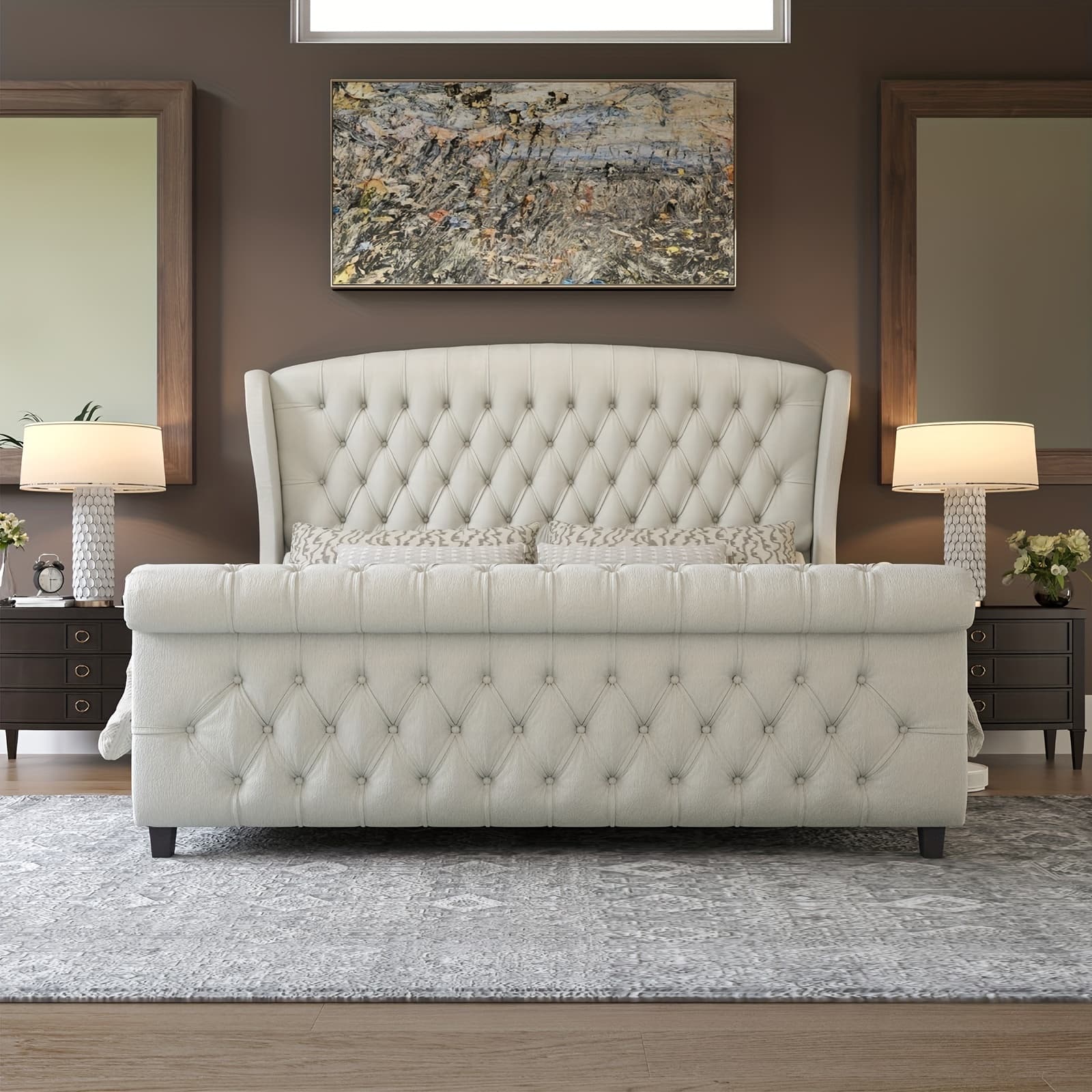 TEMU Platform Bed Frame, Chenille Upholstered With Scroll Wingback Headboard & Footboard/button Tufted/ Spring Required/