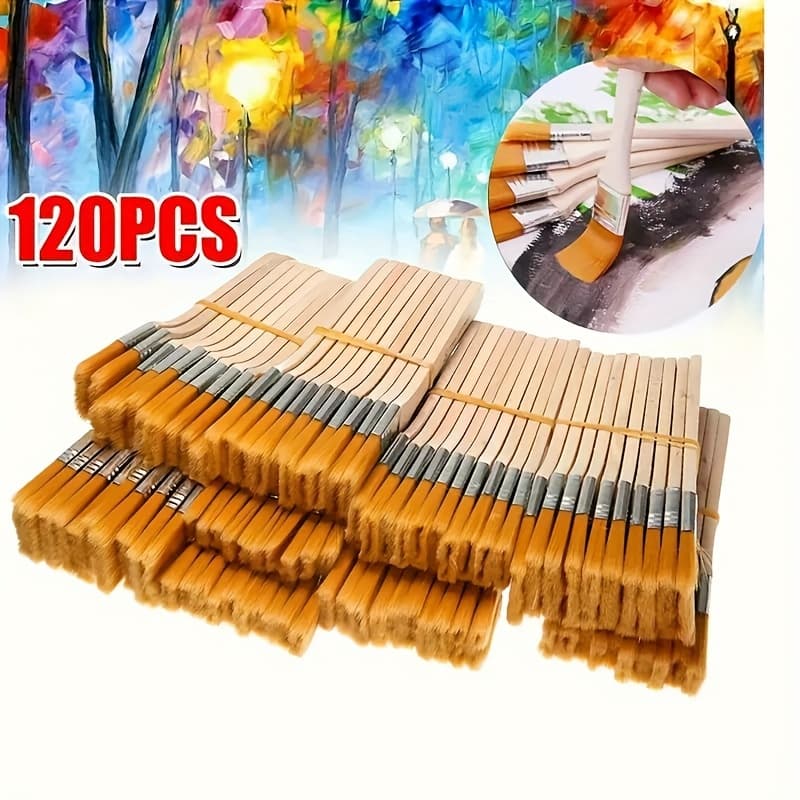 TEMU 120-piece Professional Paint Brushes Set - Bristle Hair Nylon Brushes With Gourd Handles For Artists, Diy, Corner Painting, Bbq & Glazing